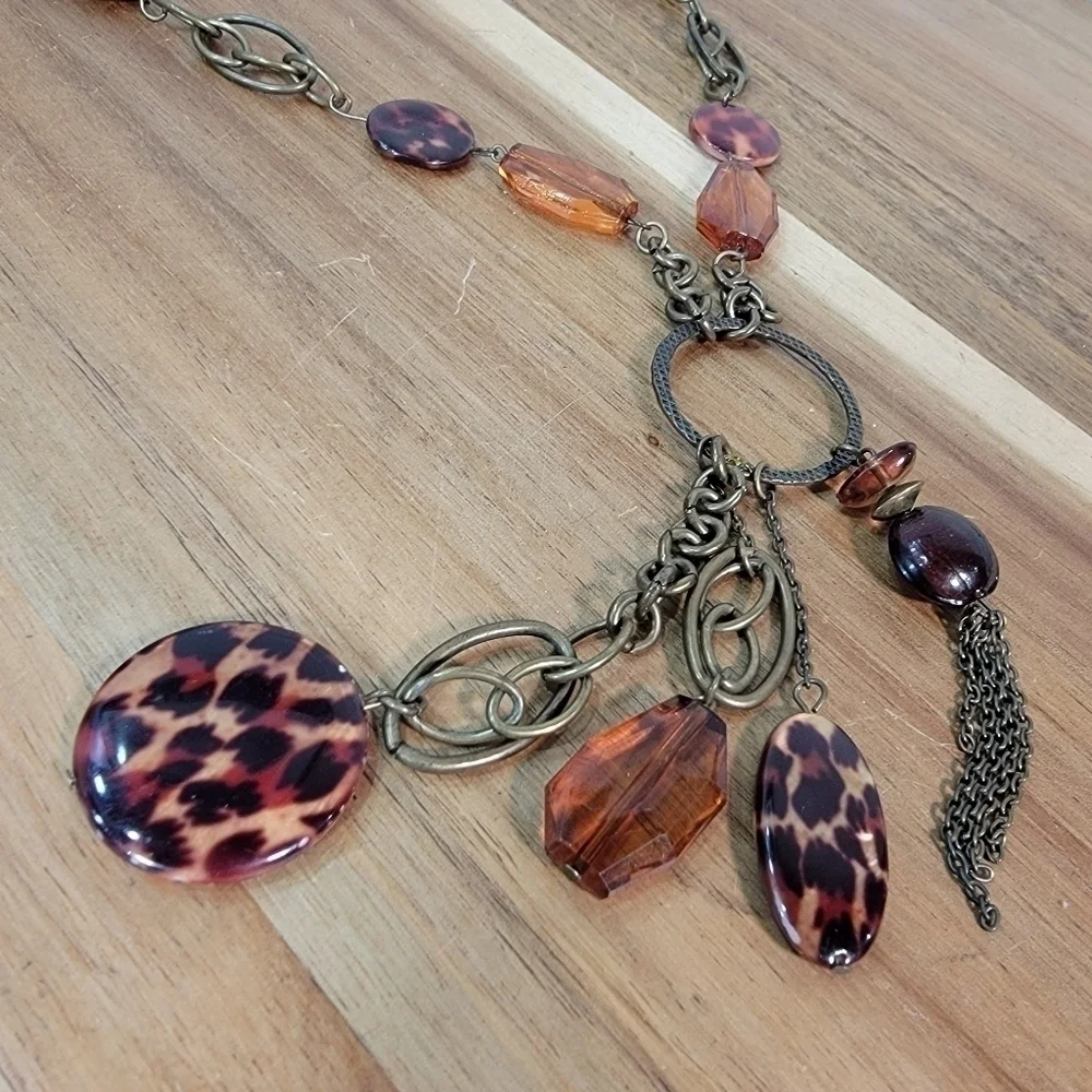 Antique Bronze Metal Statement Necklace with Amber beads and Chain Tassels Boho
